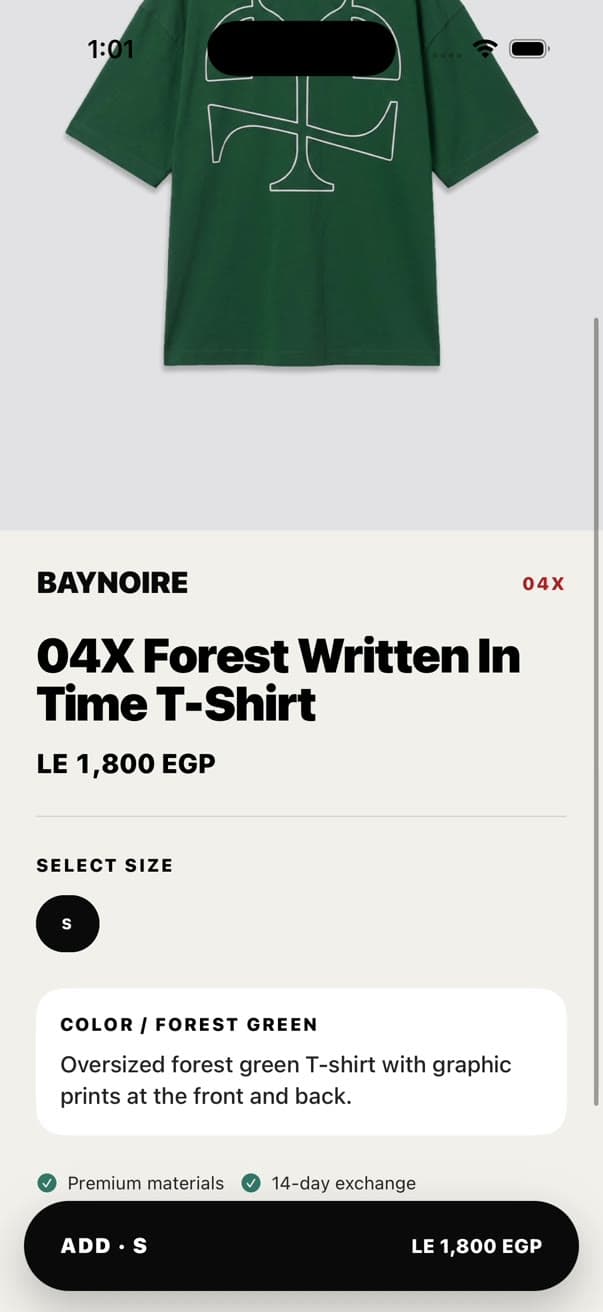 Baynoire concept app product details and size selection