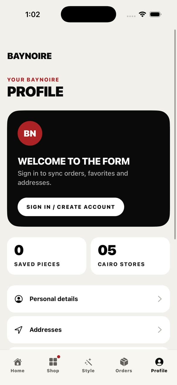 Baynoire concept app profile screen